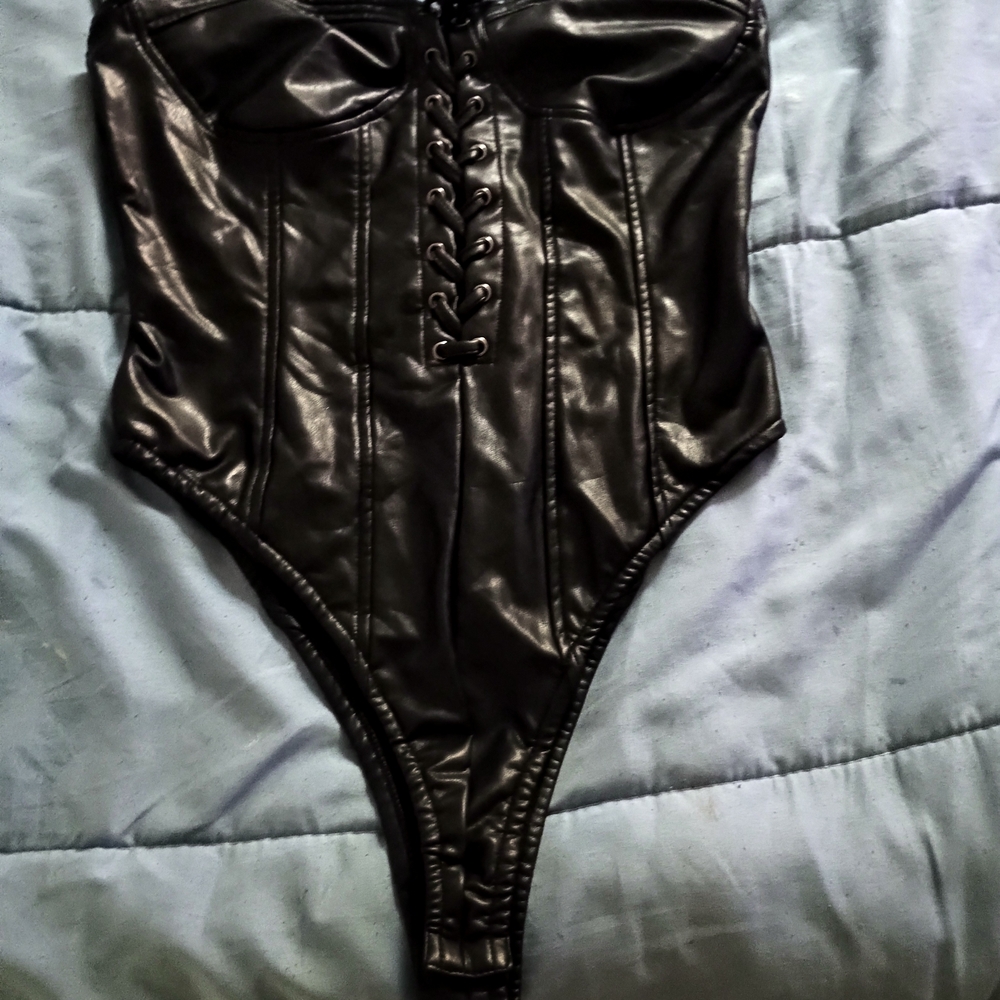 Black Faux Leather Corset Bodysuit